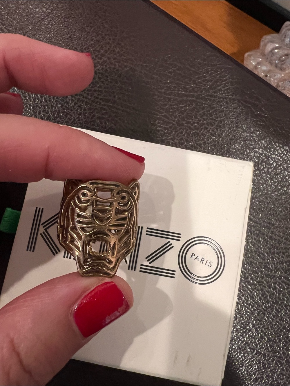 Vintage Kenzo Paris Gold Cut-Out Tiger Head Ring with Original Box SZ 5